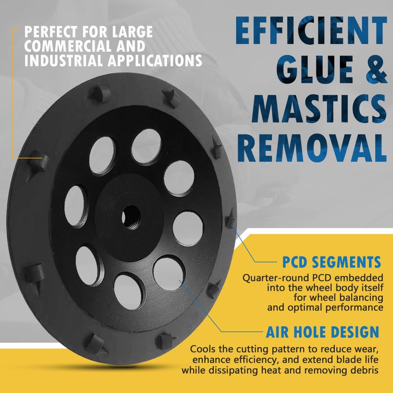 EDiamondTools 7" PCD Grinding Wheel for Epoxy, Glue, Mastic and Paint, 9 PCD Segments, 5/8"-11 Threaded Arbor - Image 3